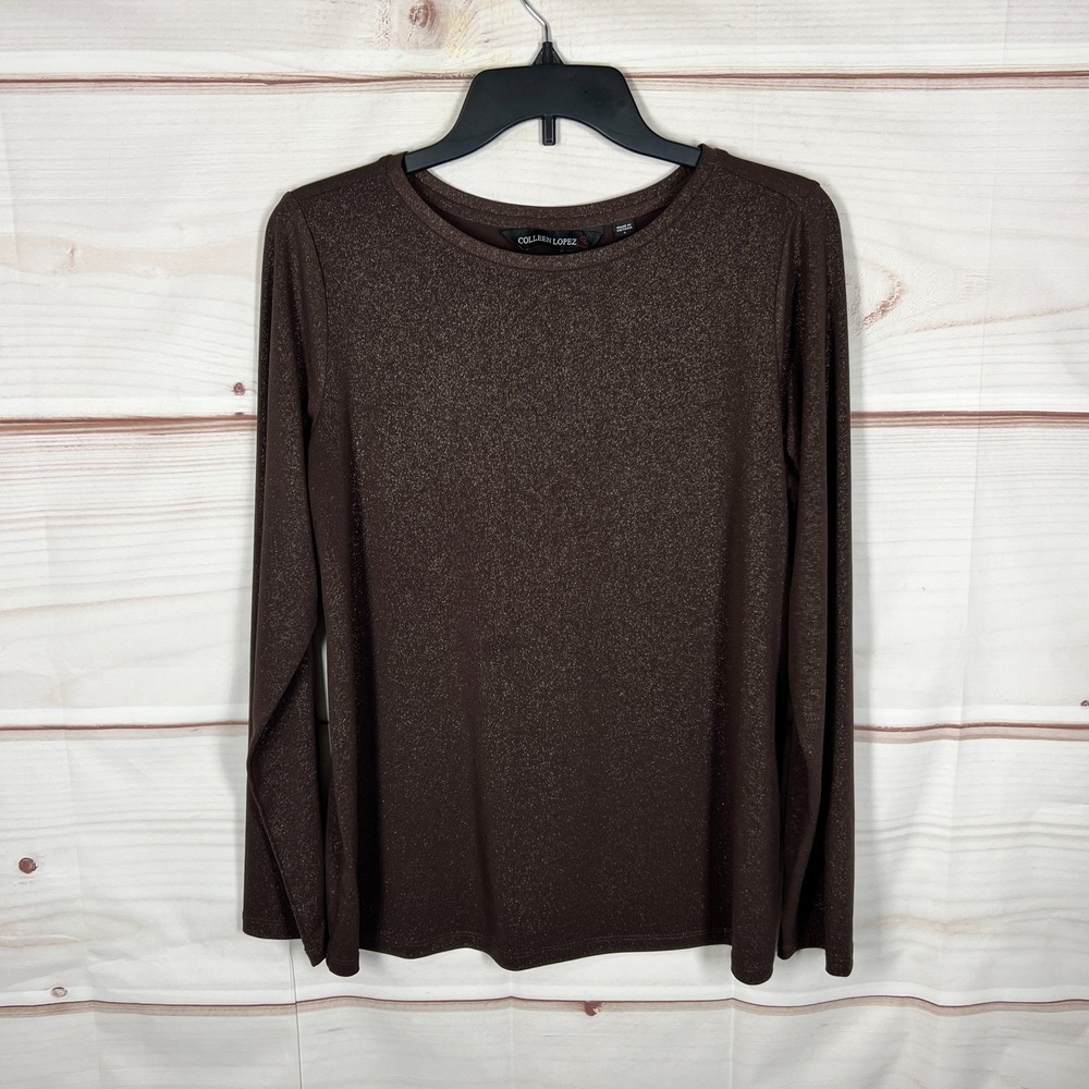 Colleen Lopez Top Womens Large Brown Sparkle T-Shirt Knit Long Sleeve Stretch
